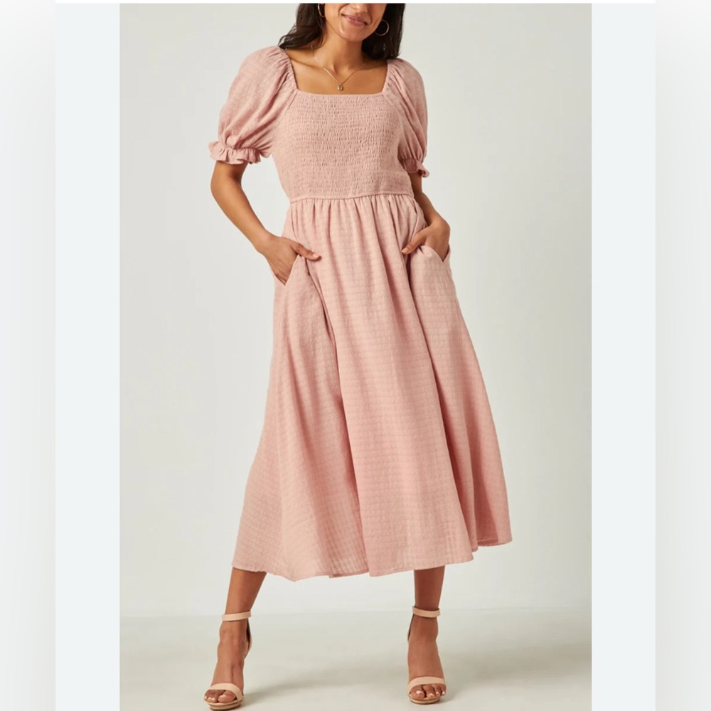 Hayden Textured Midi Dress with Smocked Bodice in Mauve light pink size 1X